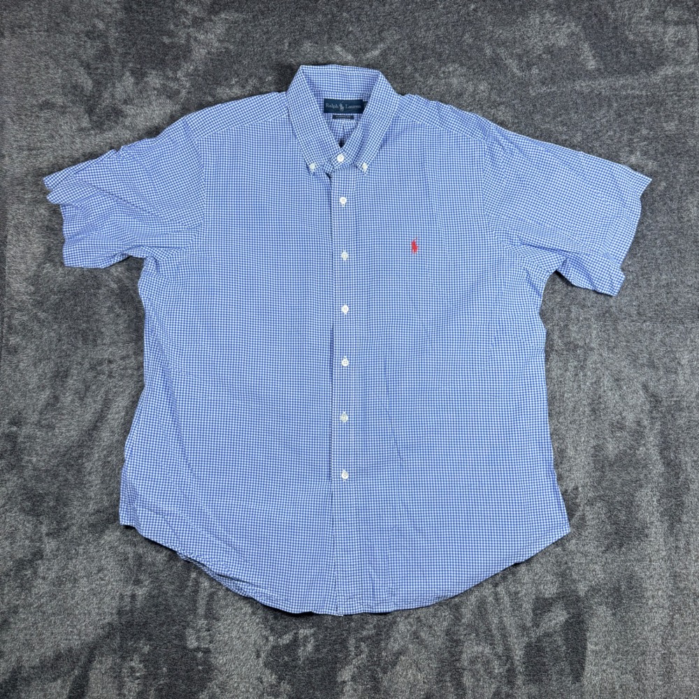Ralph Lauren Mens XL Classic Fit Blue Gingham Short Sleeve Button Down Shirt
